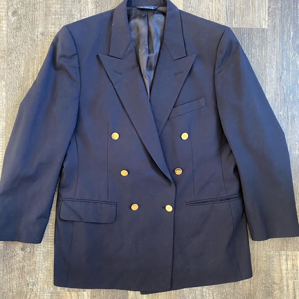 Vintage Burberry Of London Navy Double-Breasted Blazer Gold Buttons 40 R